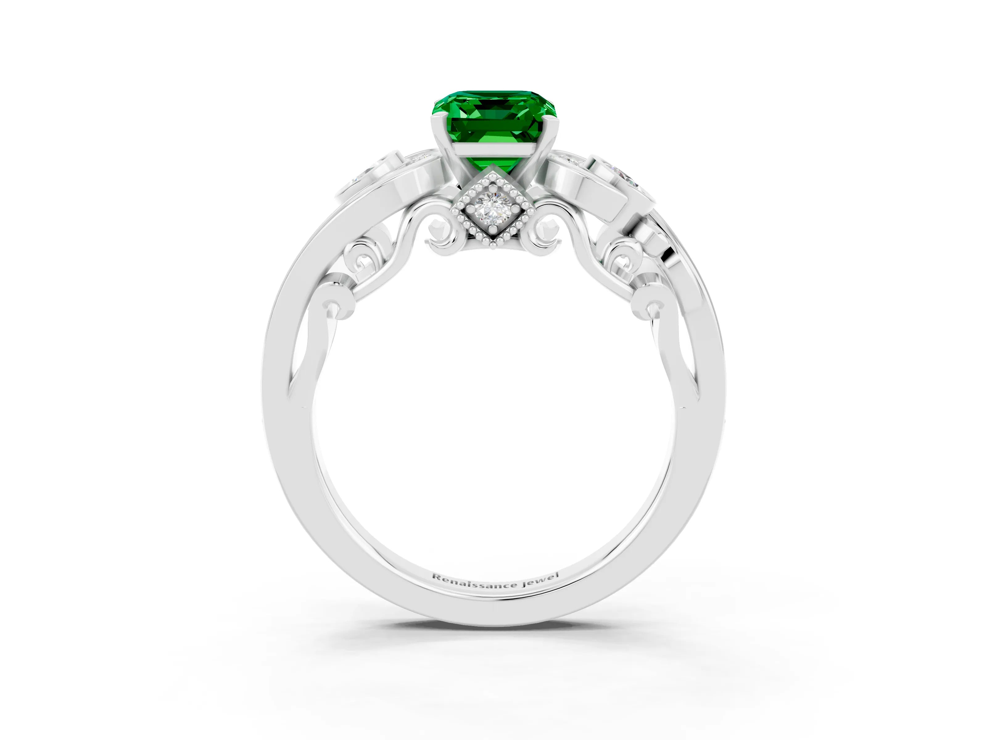 White gold Emerald Cut Emerald Solitaire Ring with Milgrain Pavé Band and Four-Prong Setting_27