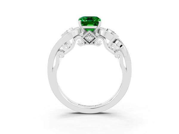 Silver Emerald Cut Emerald Solitaire Ring with Milgrain Pavé Band and Four-Prong Setting