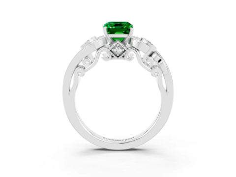 White gold Emerald Cut Emerald Solitaire Ring with Milgrain Pavé Band and Four-Prong Setting_27