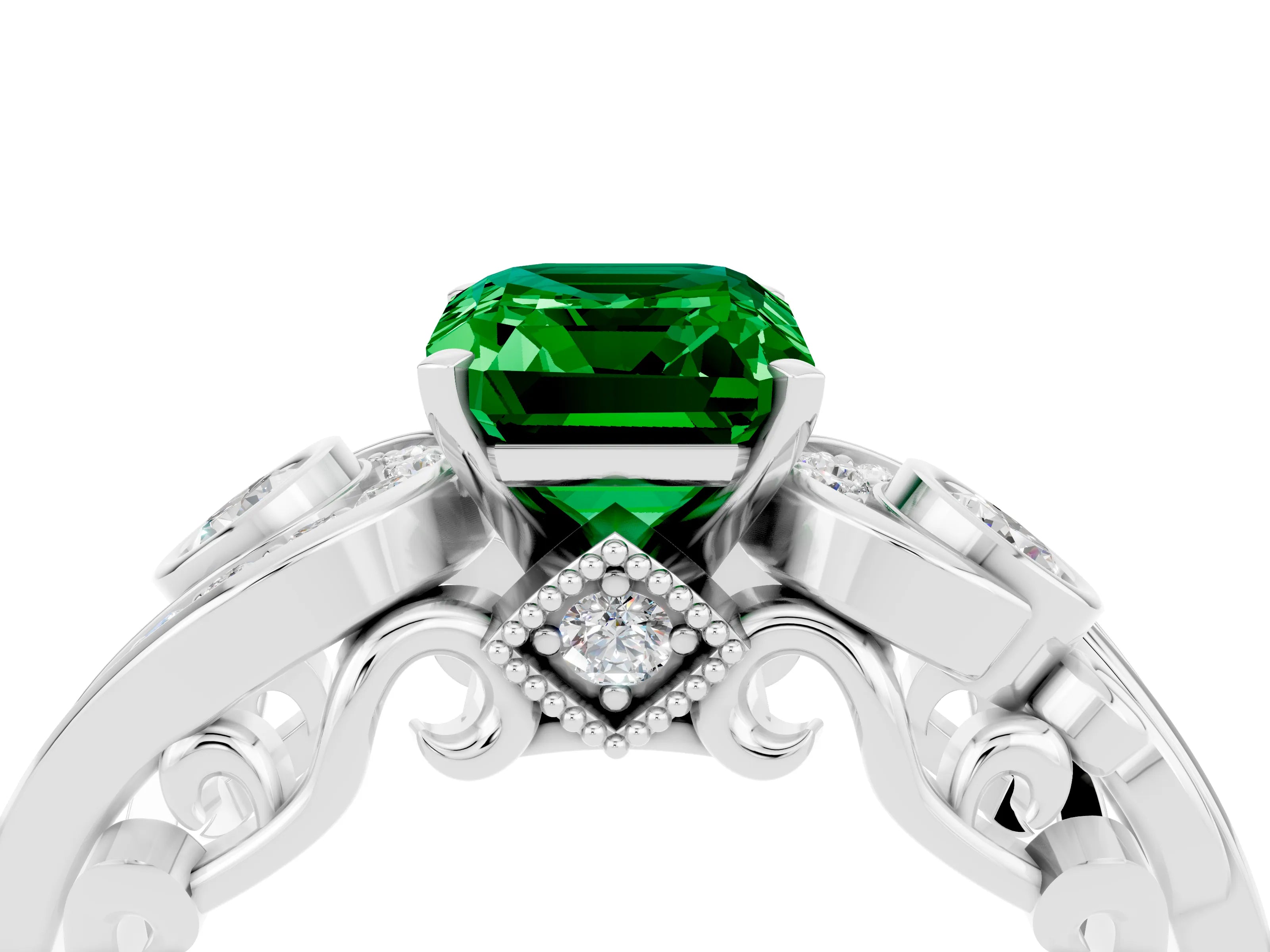 White gold Emerald Cut Emerald Solitaire Ring with Milgrain Pavé Band and Four-Prong Setting_28