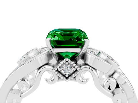 White gold Emerald Cut Emerald Solitaire Ring with Milgrain Pavé Band and Four-Prong Setting_28
