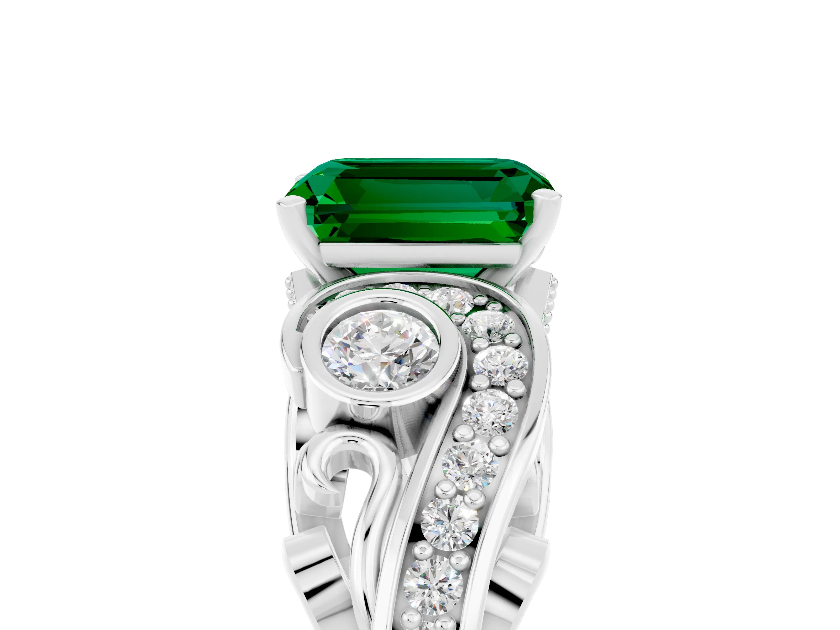White gold Emerald Cut Emerald Solitaire Ring with Milgrain Pavé Band and Four-Prong Setting_29