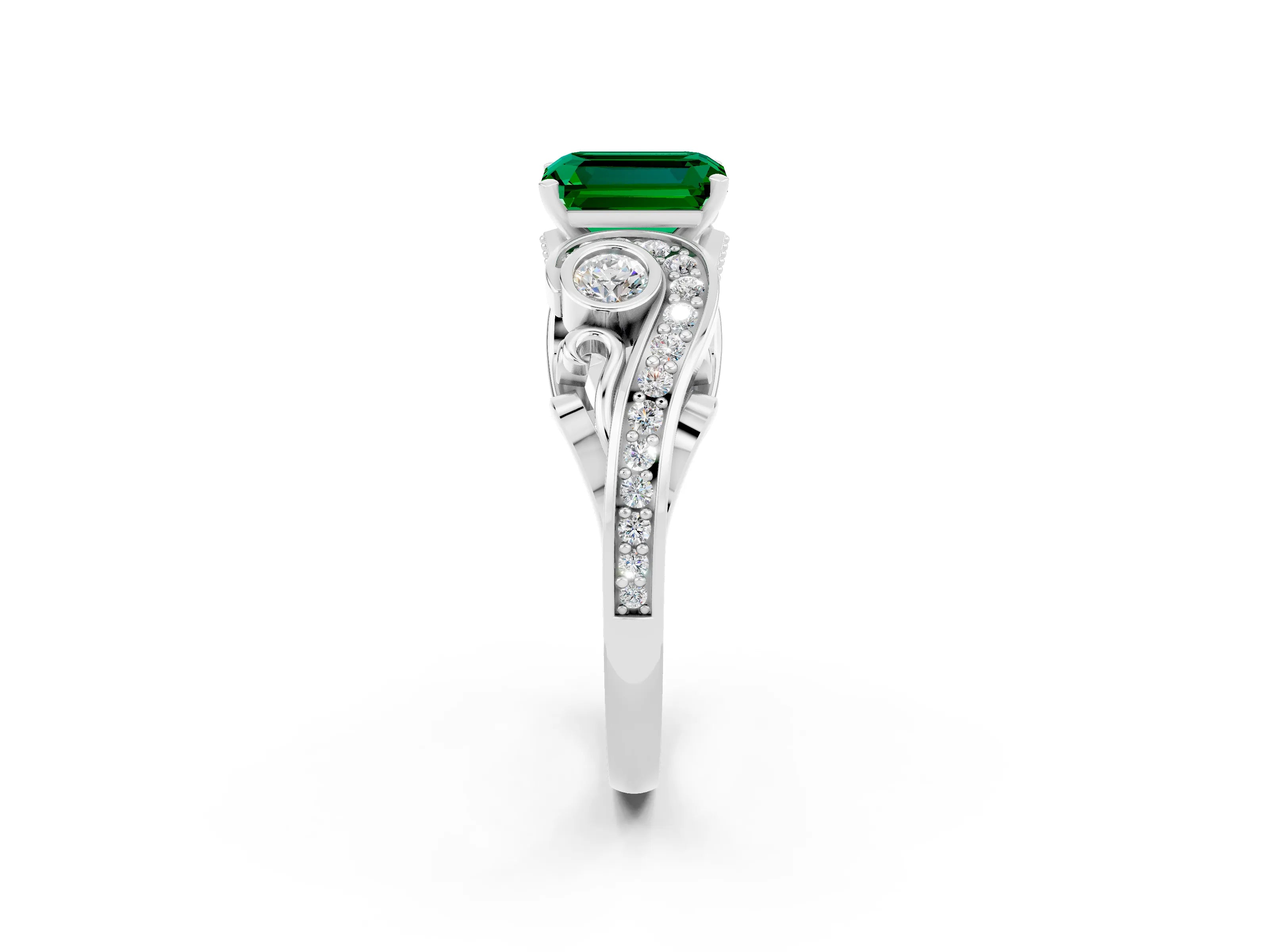 White gold Emerald Cut Emerald Solitaire Ring with Milgrain Pavé Band and Four-Prong Setting_62