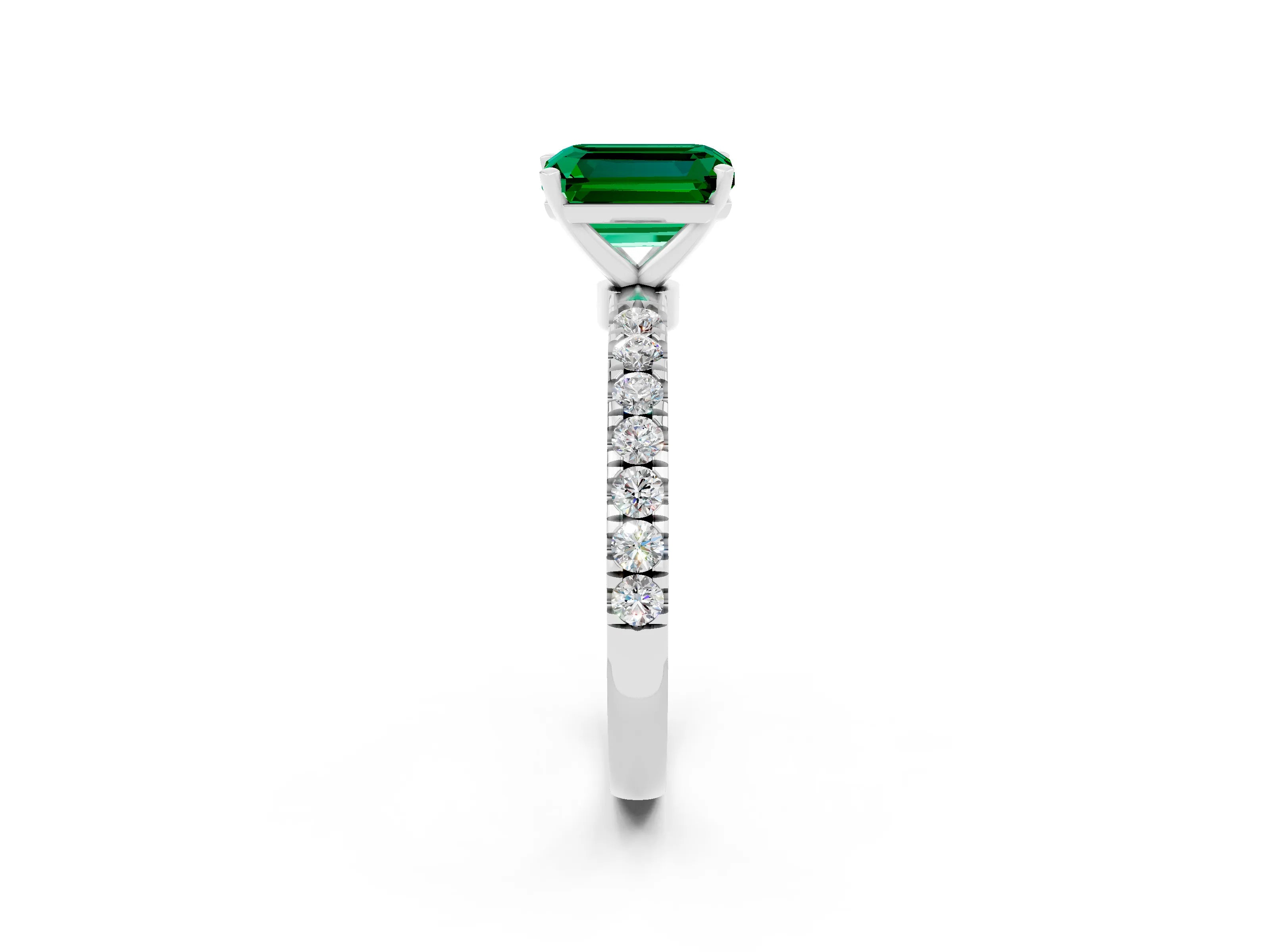 White gold Emerald Cut Emerald Solitaire Ring with Pavé Accents and Four-Prong Setting_2