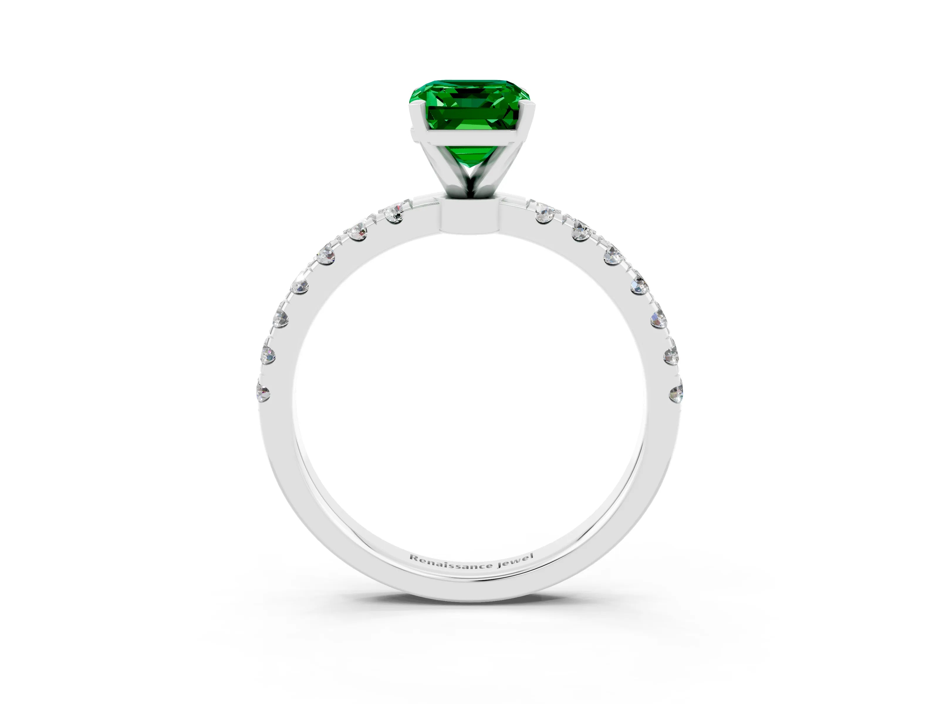 White gold Emerald Cut Emerald Solitaire Ring with Pavé Accents and Four-Prong Setting_3