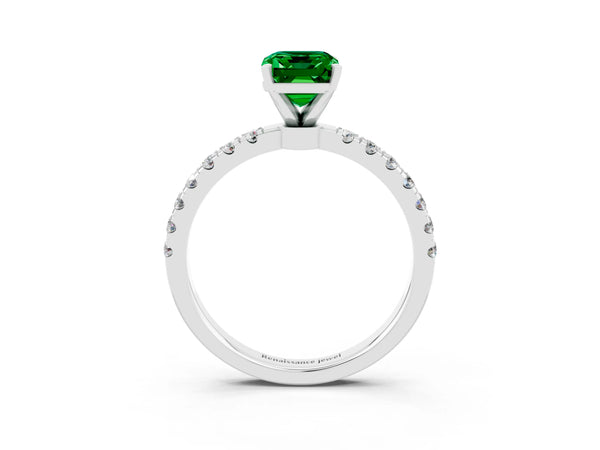 Silver Emerald Cut Emerald Solitaire Ring with Pavé Accents and Four-Prong Setting