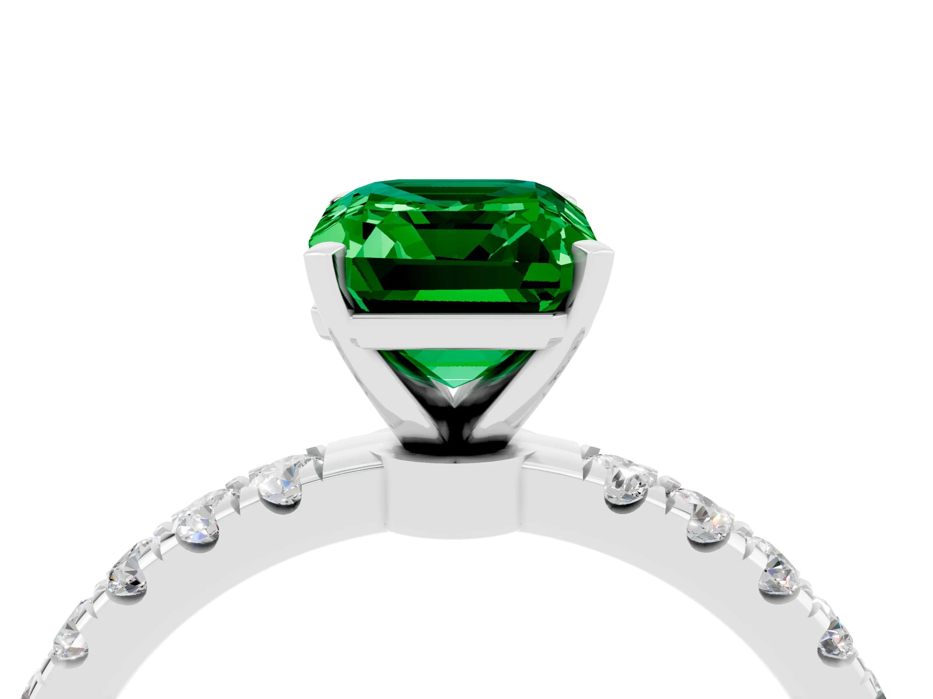 White gold Emerald Cut Emerald Solitaire Ring with Pavé Accents and Four-Prong Setting_4