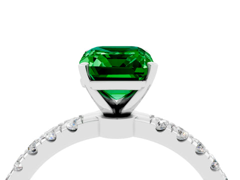 White gold Emerald Cut Emerald Solitaire Ring with Pavé Accents and Four-Prong Setting_4