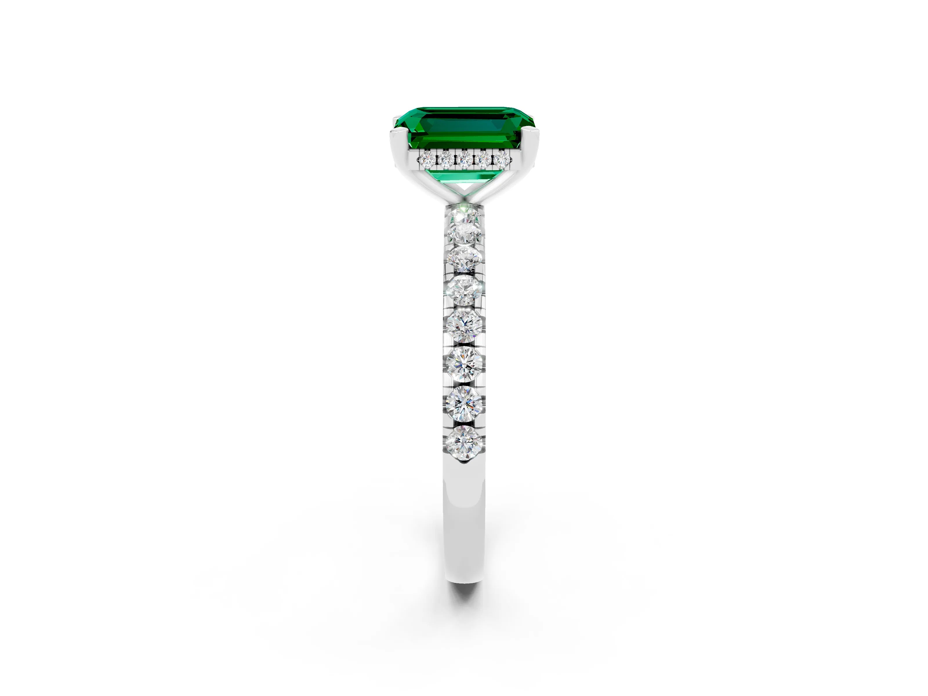 White gold Emerald Cut Emerald Solitaire Ring with Pavé Band and Four-Prong Setting_26