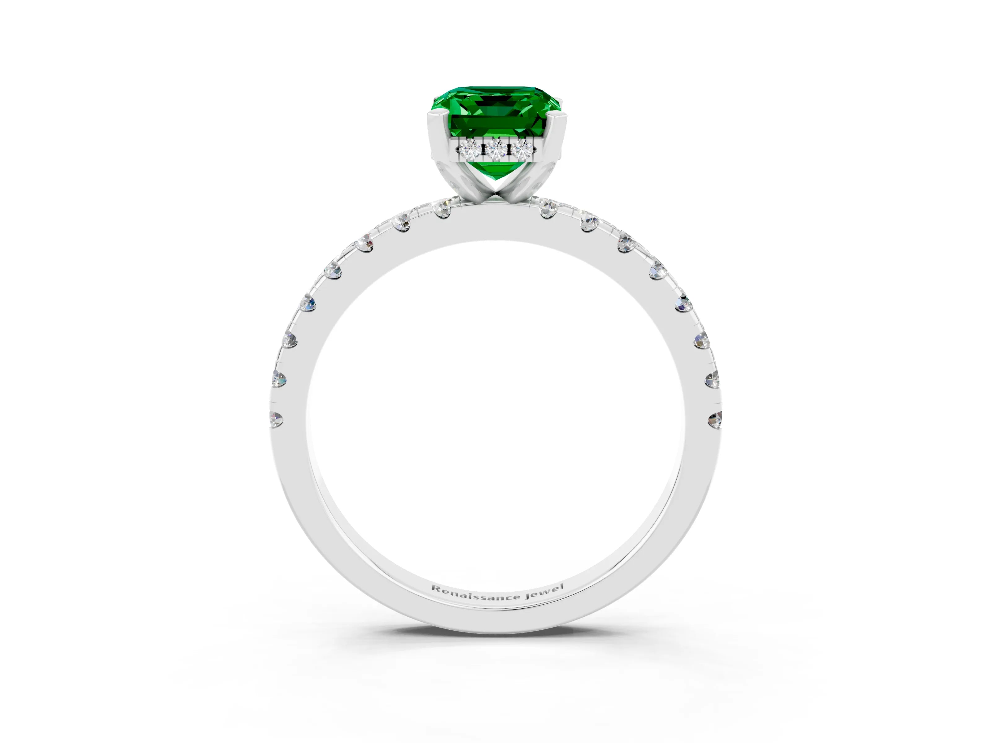 White gold Emerald Cut Emerald Solitaire Ring with Pavé Band and Four-Prong Setting_27