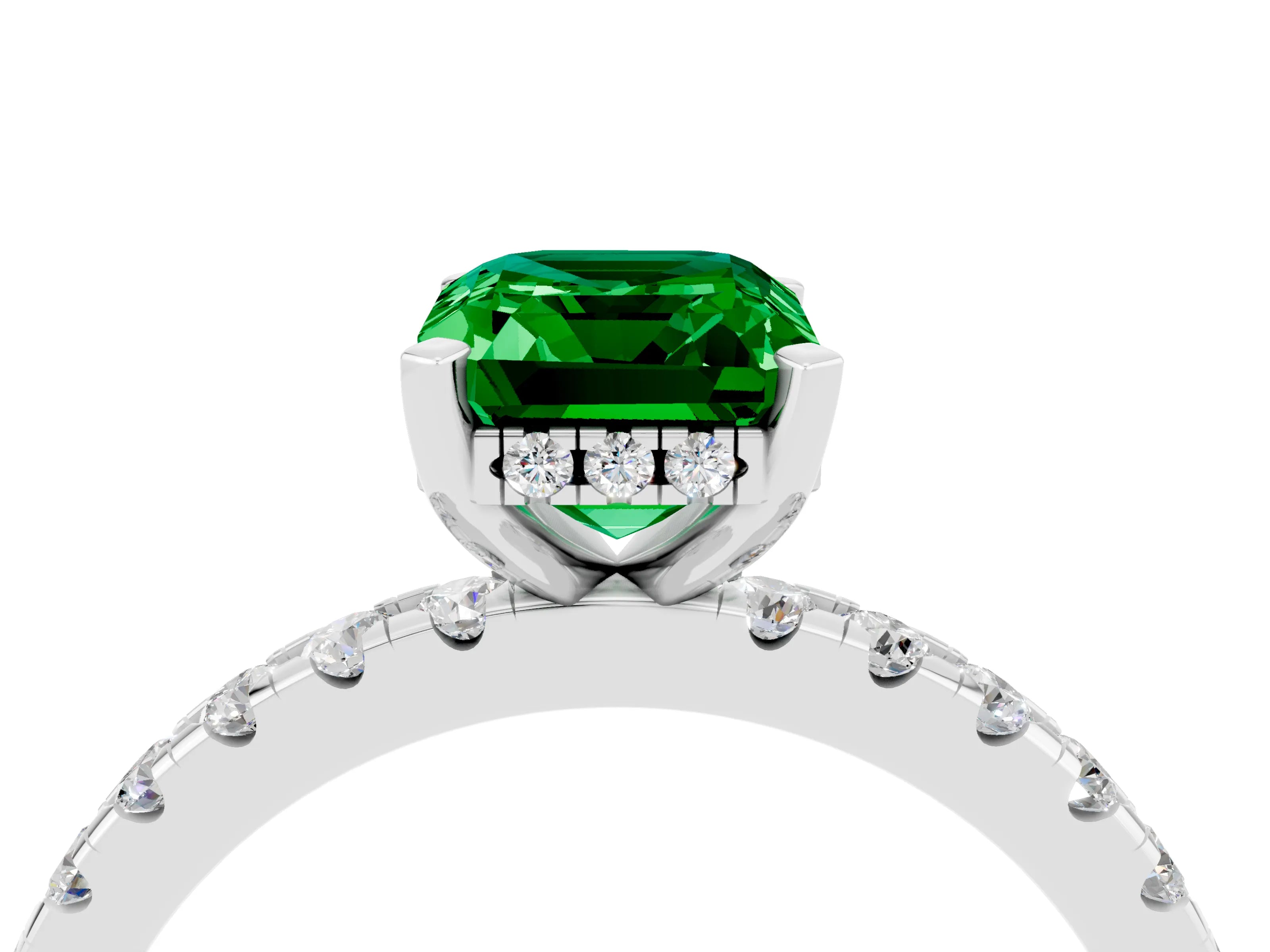 White gold Emerald Cut Emerald Solitaire Ring with Pavé Band and Four-Prong Setting_28
