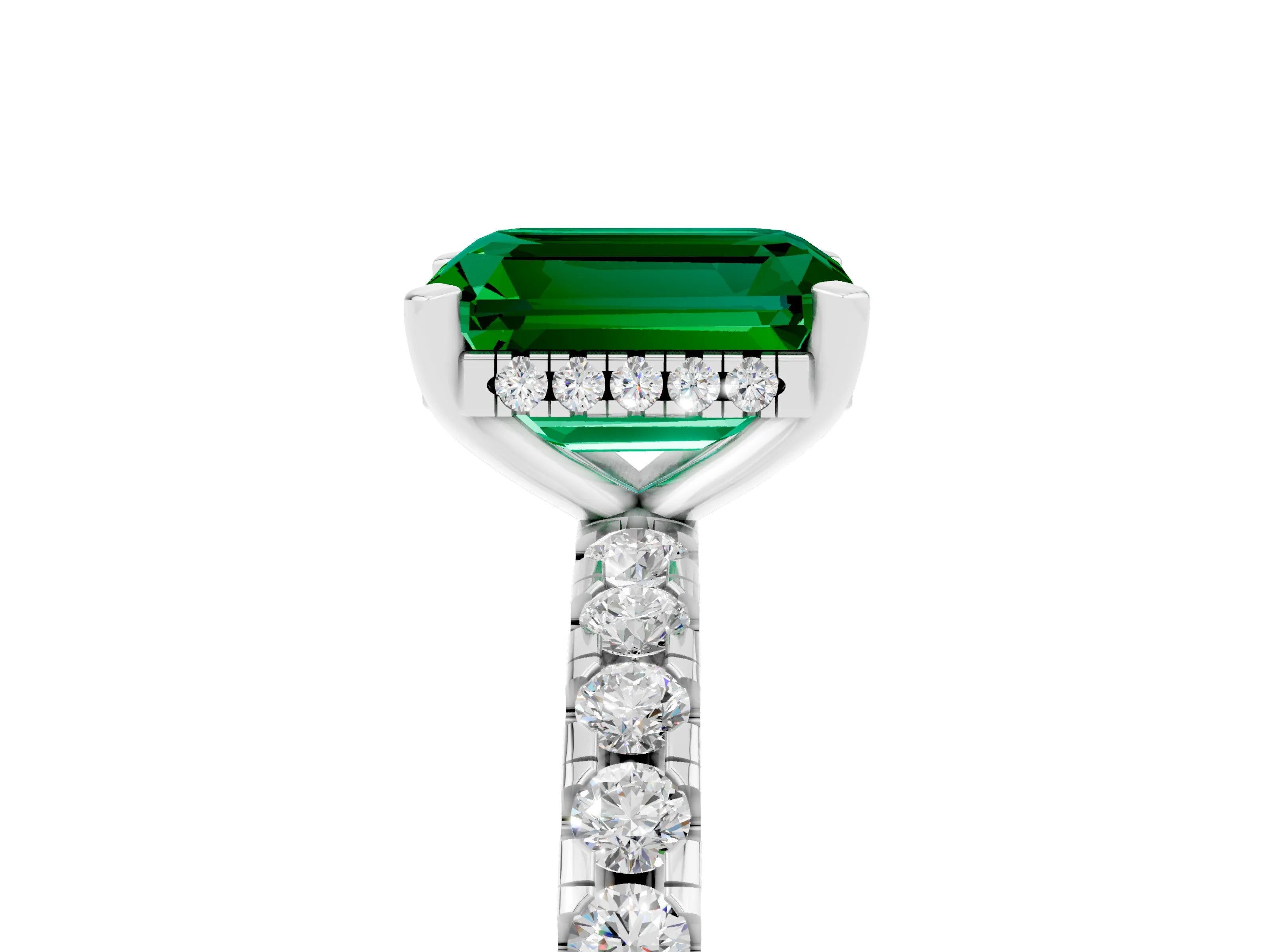 White gold Emerald Cut Emerald Solitaire Ring with Pavé Band and Four-Prong Setting_29