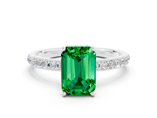 Platinum Emerald Cut Emerald Solitaire Ring with Pavé Band and Hidden Halo