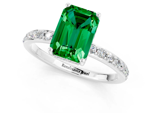 Platinum Emerald Cut Emerald Solitaire Ring with Pavé Band and Hidden Halo
