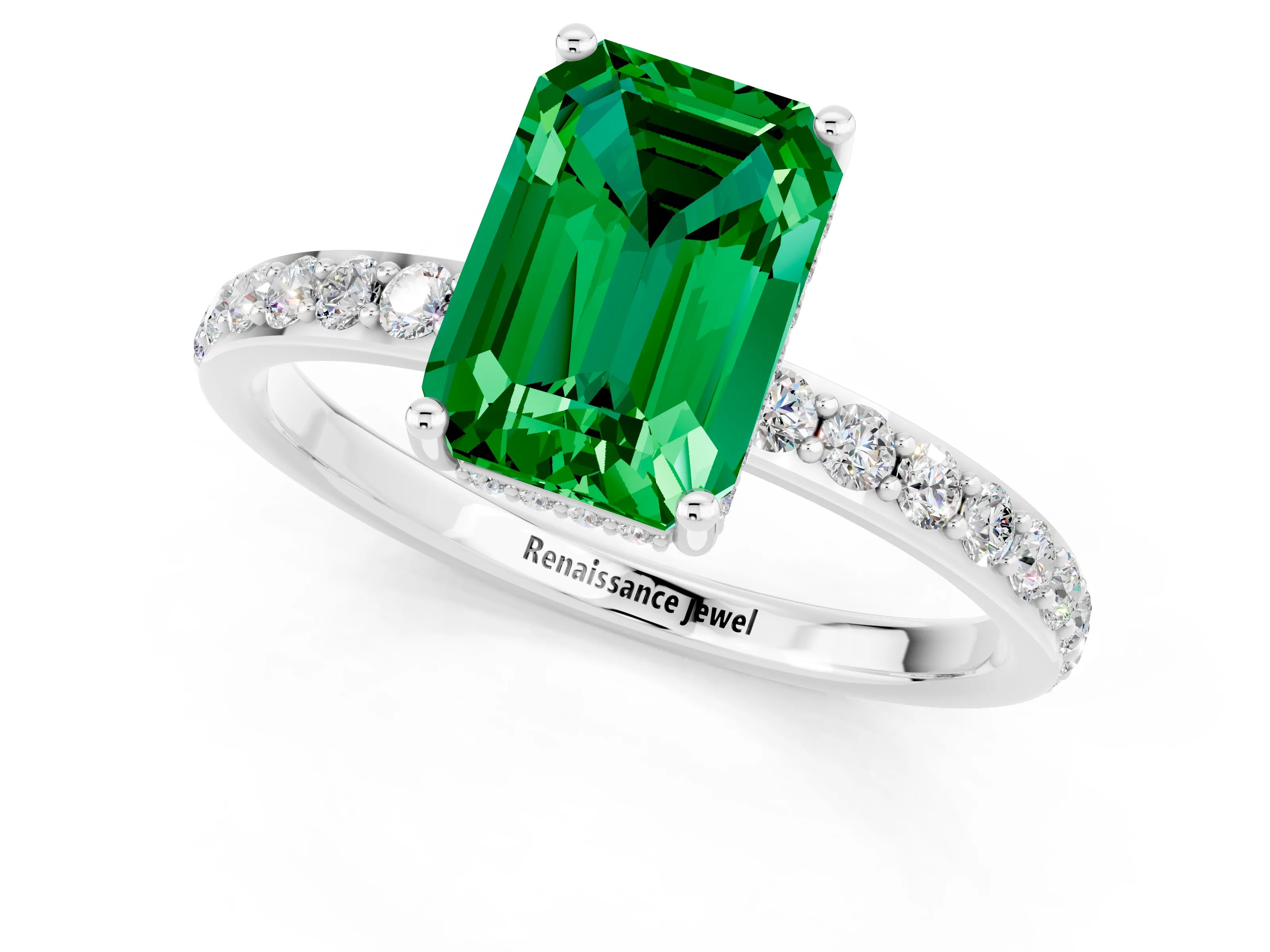 White gold Emerald Cut Emerald Solitaire Ring with Pavé Band and Hidden Halo_1