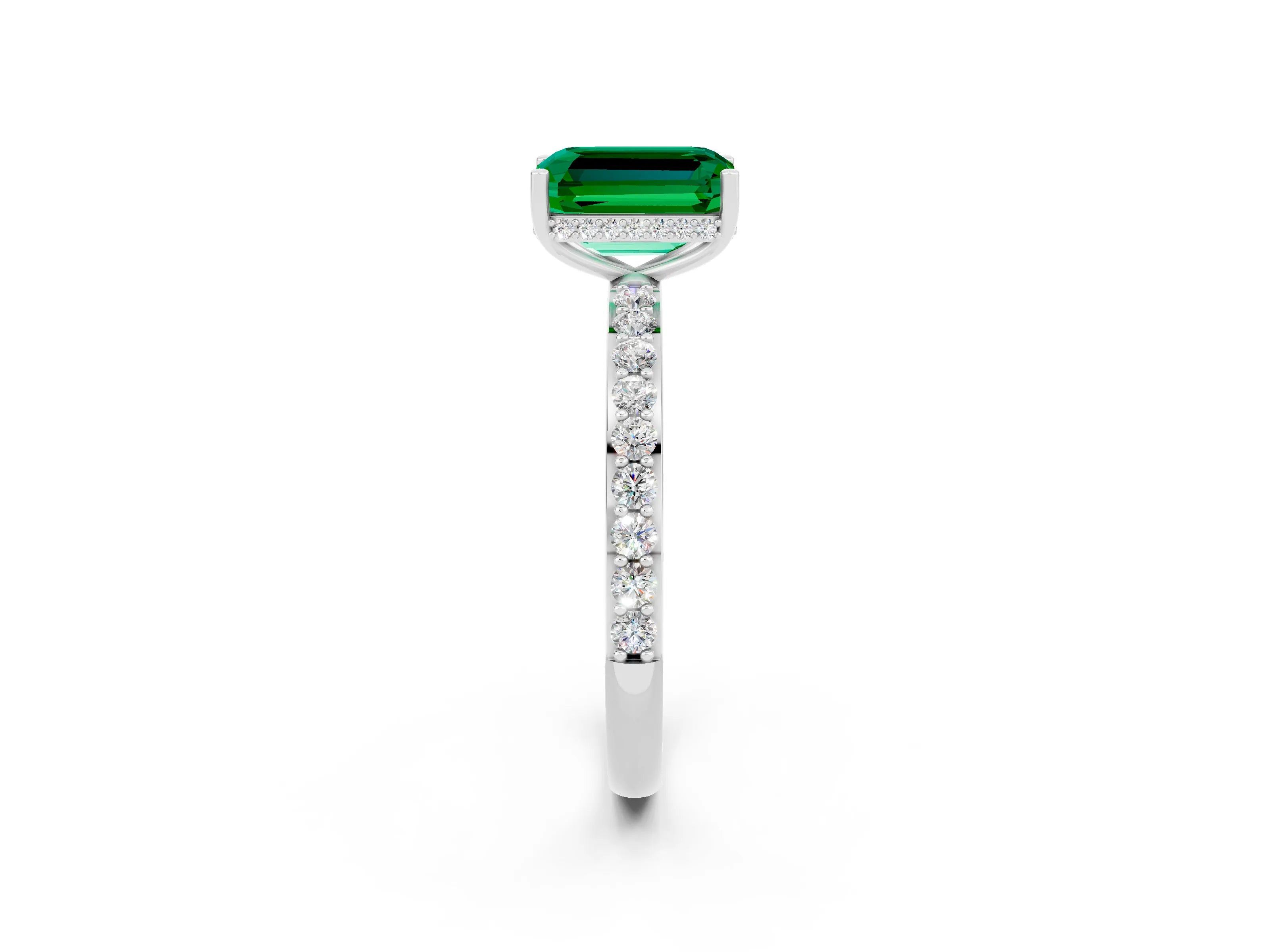 White gold Emerald Cut Emerald Solitaire Ring with Pavé Band and Hidden Halo_2