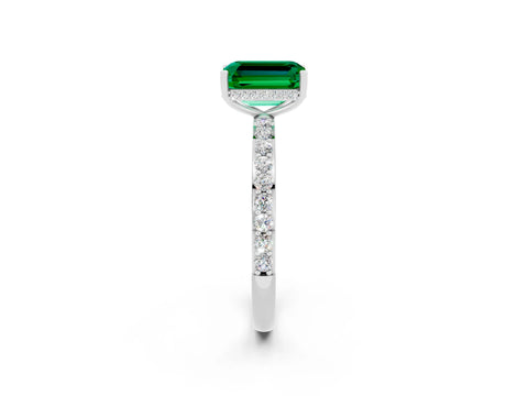 White gold Emerald Cut Emerald Solitaire Ring with Pavé Band and Hidden Halo_2