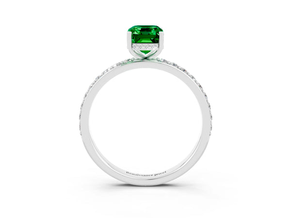 Platinum Emerald Cut Emerald Solitaire Ring with Pavé Band and Hidden Halo