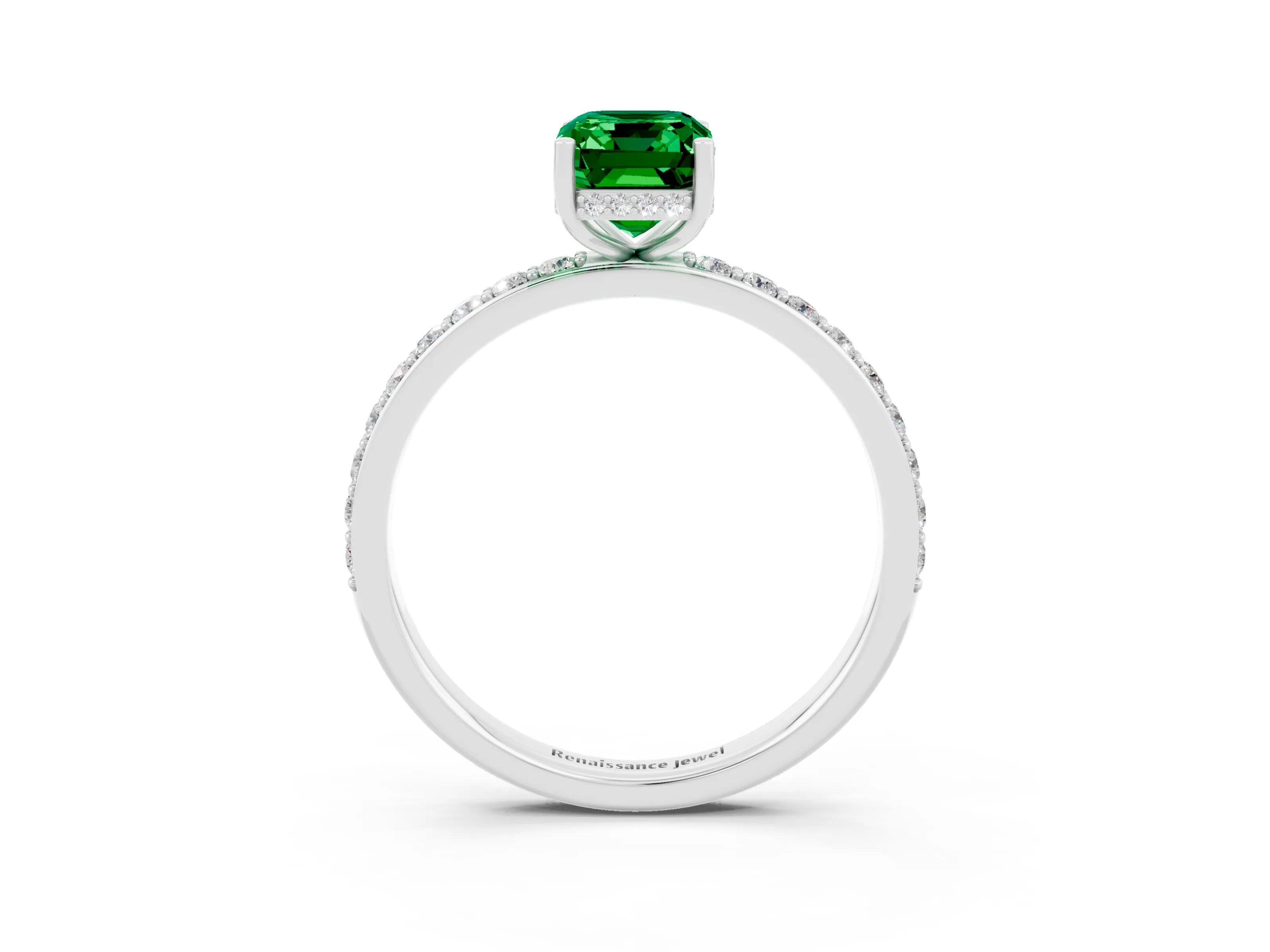 White gold Emerald Cut Emerald Solitaire Ring with Pavé Band and Hidden Halo_3