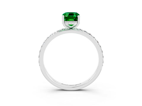 White gold Emerald Cut Emerald Solitaire Ring with Pavé Band and Hidden Halo_3