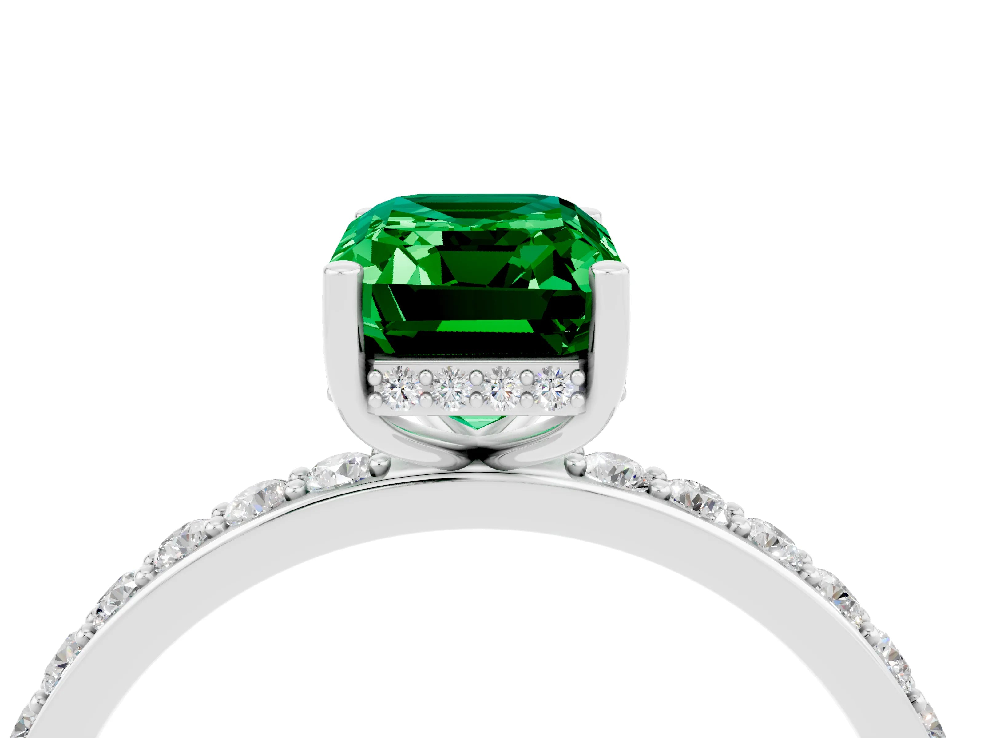 White gold Emerald Cut Emerald Solitaire Ring with Pavé Band and Hidden Halo_4