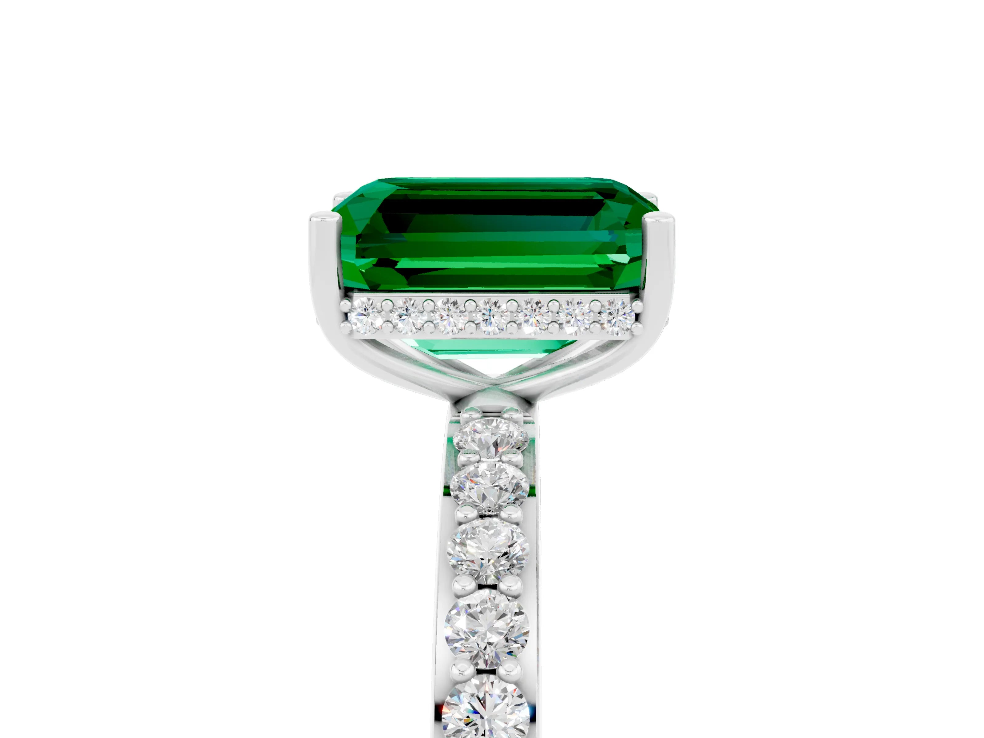 White gold Emerald Cut Emerald Solitaire Ring with Pavé Band and Hidden Halo_5
