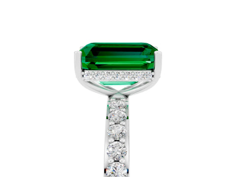 White gold Emerald Cut Emerald Solitaire Ring with Pavé Band and Hidden Halo_5