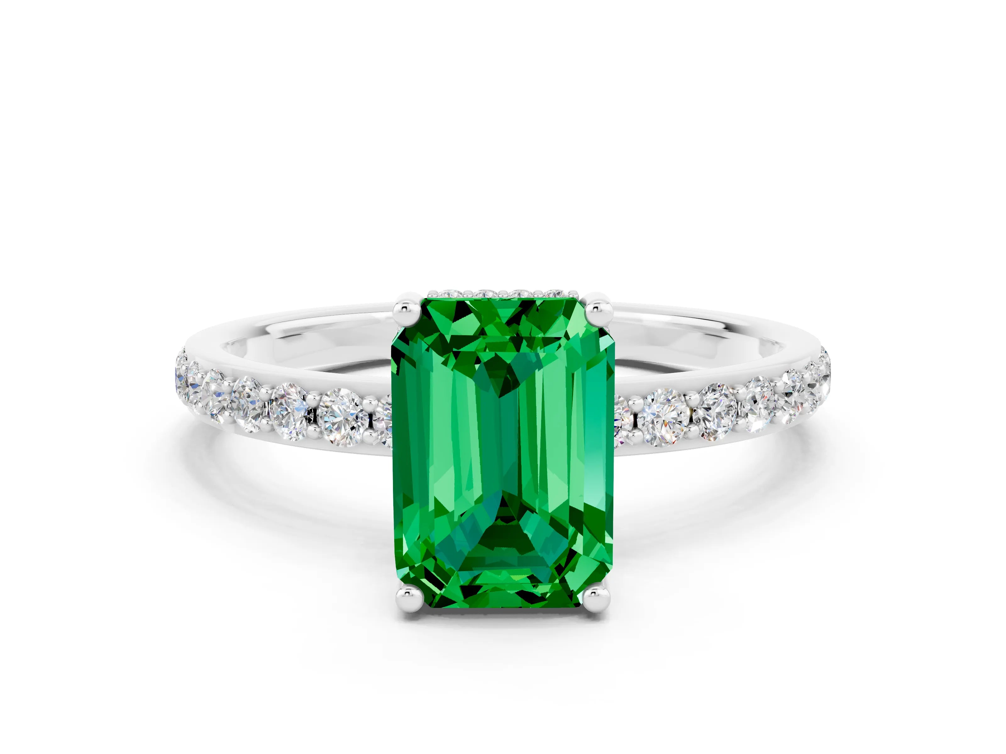 White gold Emerald Cut Emerald Solitaire Ring with Pavé Band and Hidden Halo
