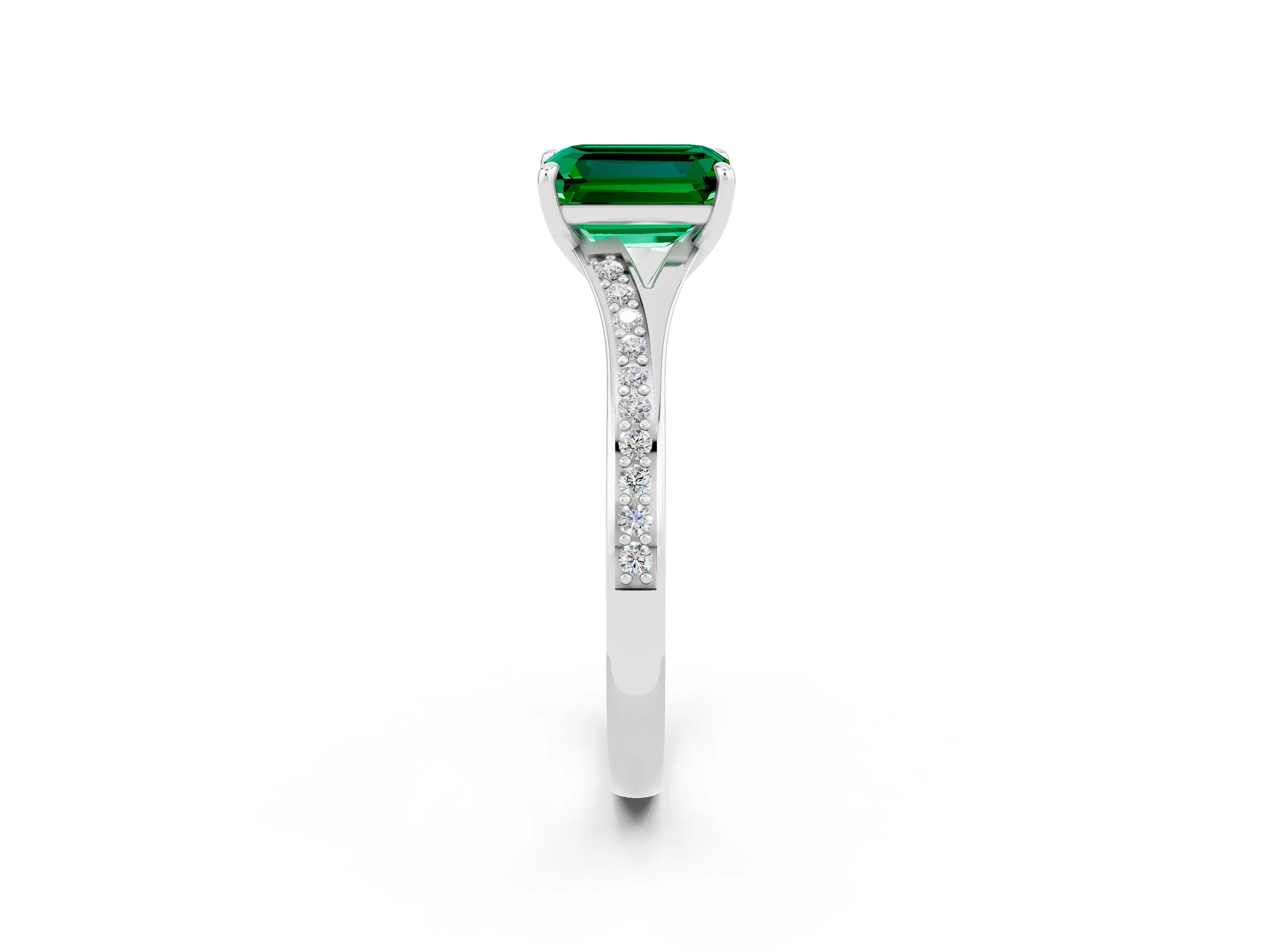 White gold Emerald Cut Emerald Solitaire Ring with Pavé Band and Prong Setting_2