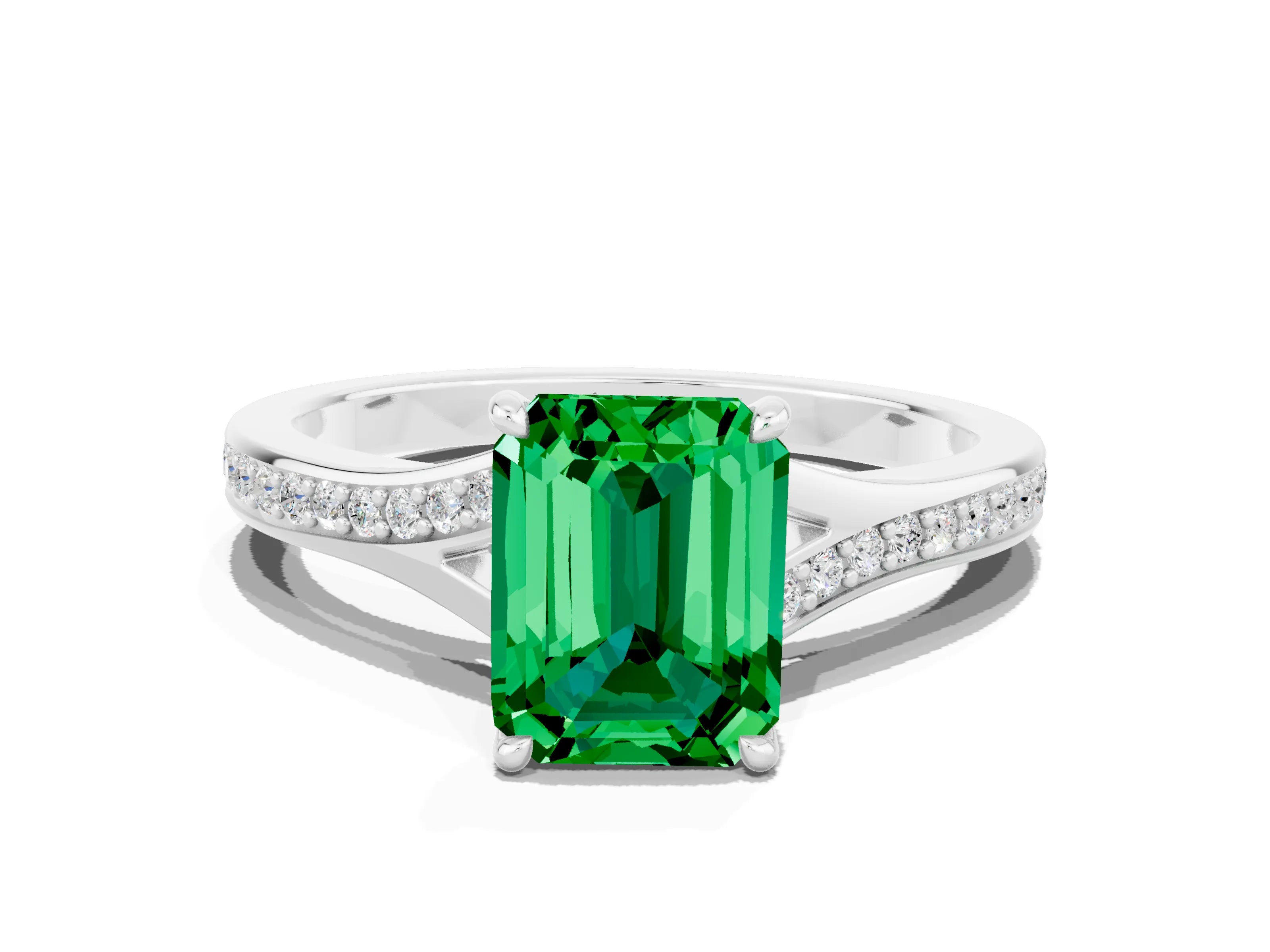 White gold Emerald Cut Emerald Solitaire Ring with Pavé Band and Prong Setting_24