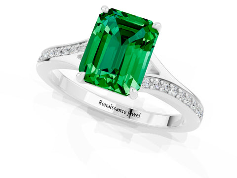 White gold Emerald Cut Emerald Solitaire Ring with Pavé Band and Prong Setting_25