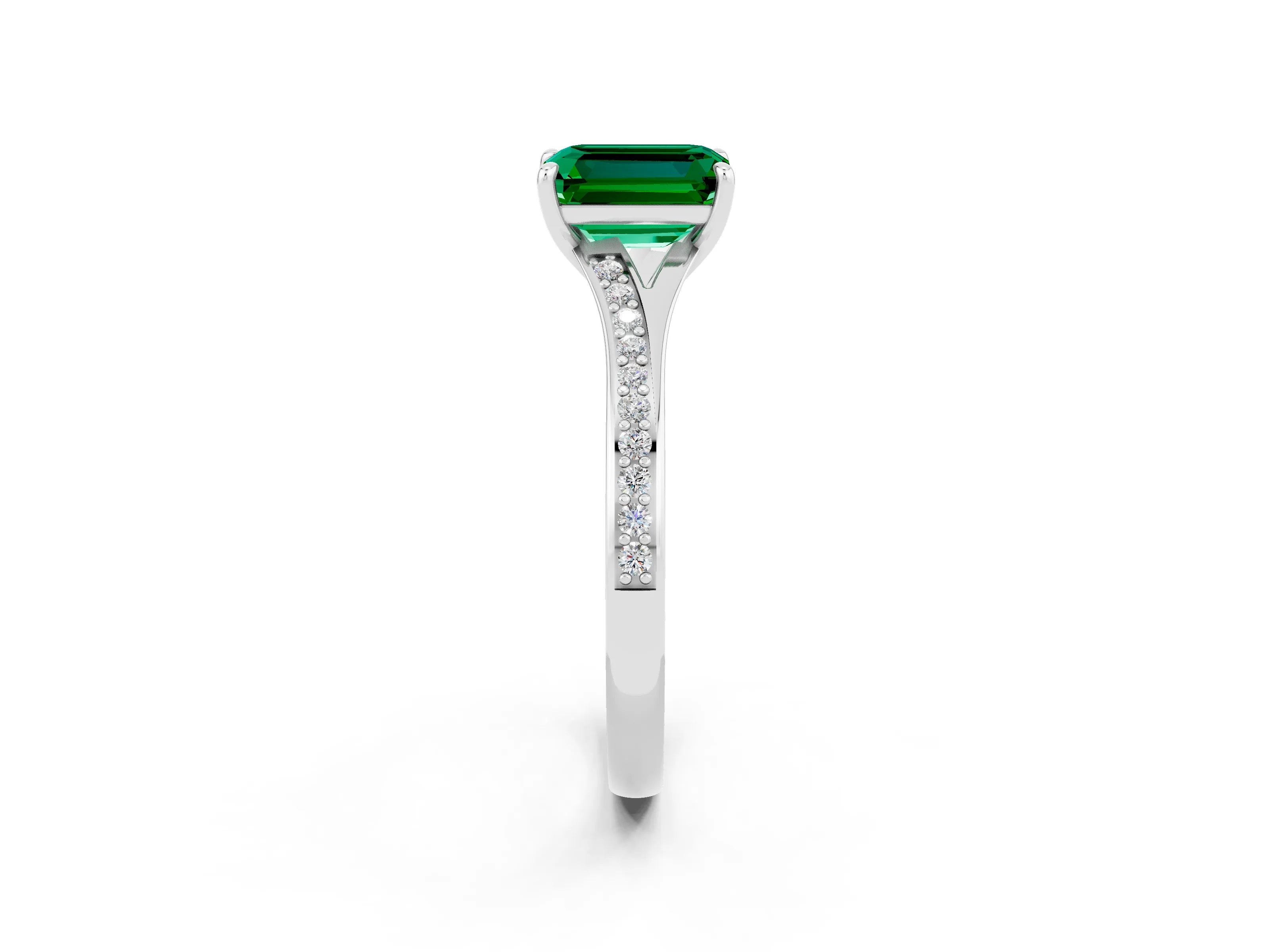 White gold Emerald Cut Emerald Solitaire Ring with Pavé Band and Prong Setting_26