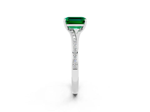 White gold Emerald Cut Emerald Solitaire Ring with Pavé Band and Prong Setting_26