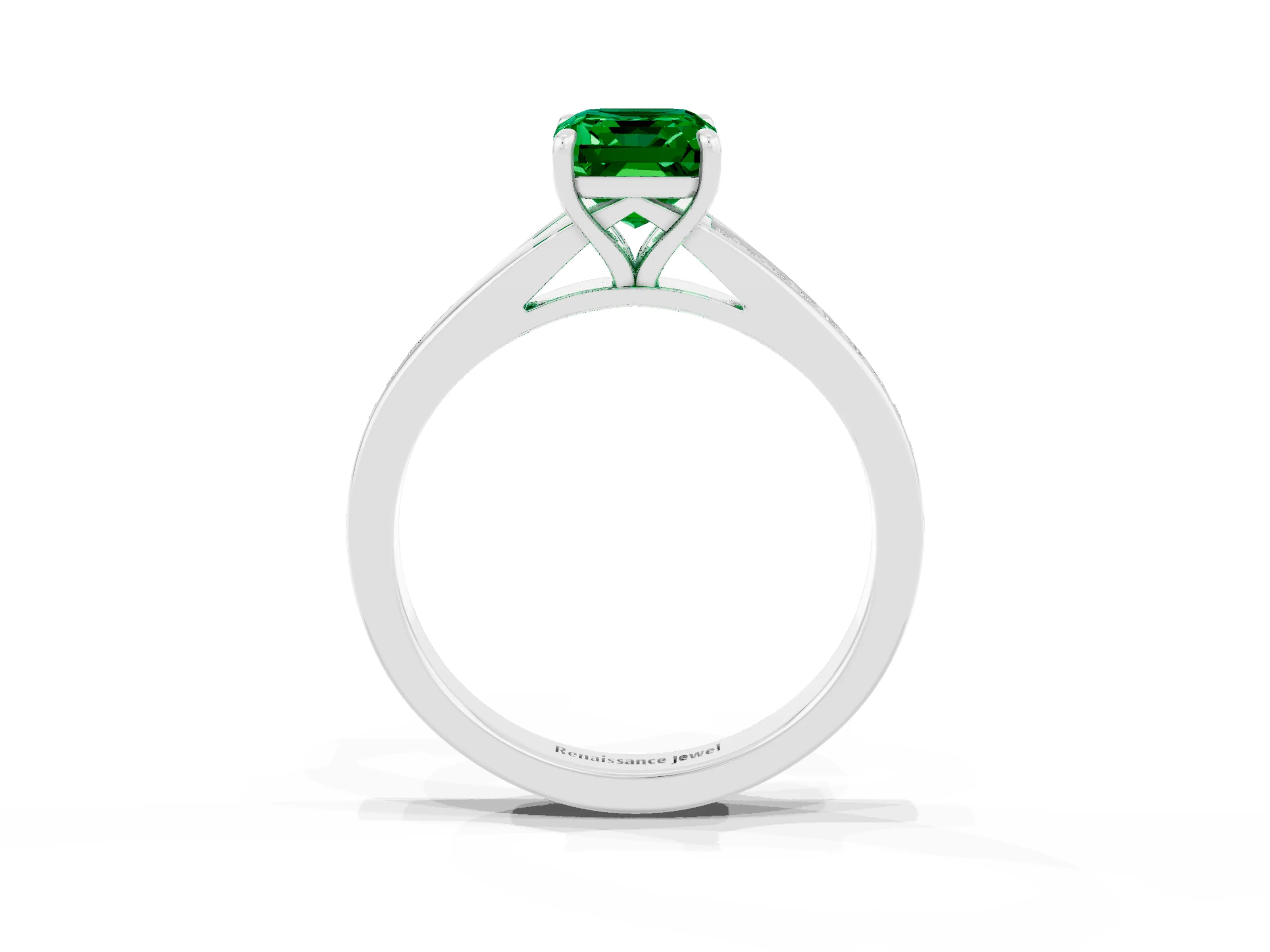 White gold Emerald Cut Emerald Solitaire Ring with Pavé Band and Prong Setting_27