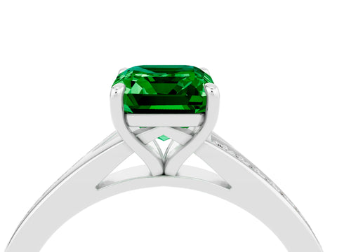 White gold Emerald Cut Emerald Solitaire Ring with Pavé Band and Prong Setting_28