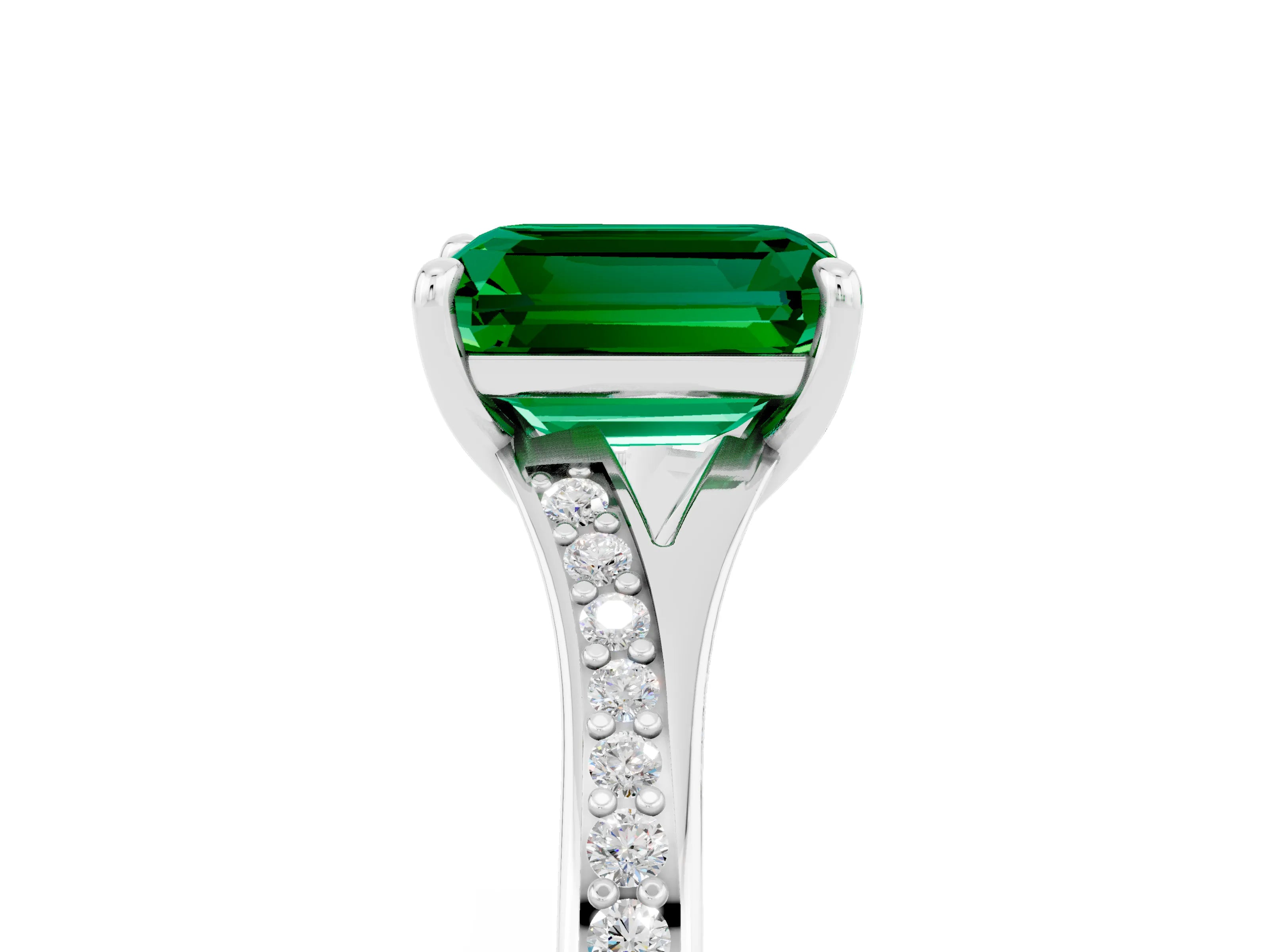 White gold Emerald Cut Emerald Solitaire Ring with Pavé Band and Prong Setting_29