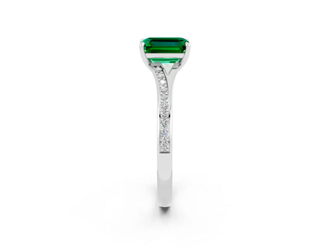 White gold Emerald Cut Emerald Solitaire Ring with Pavé Band and Prong Setting_2