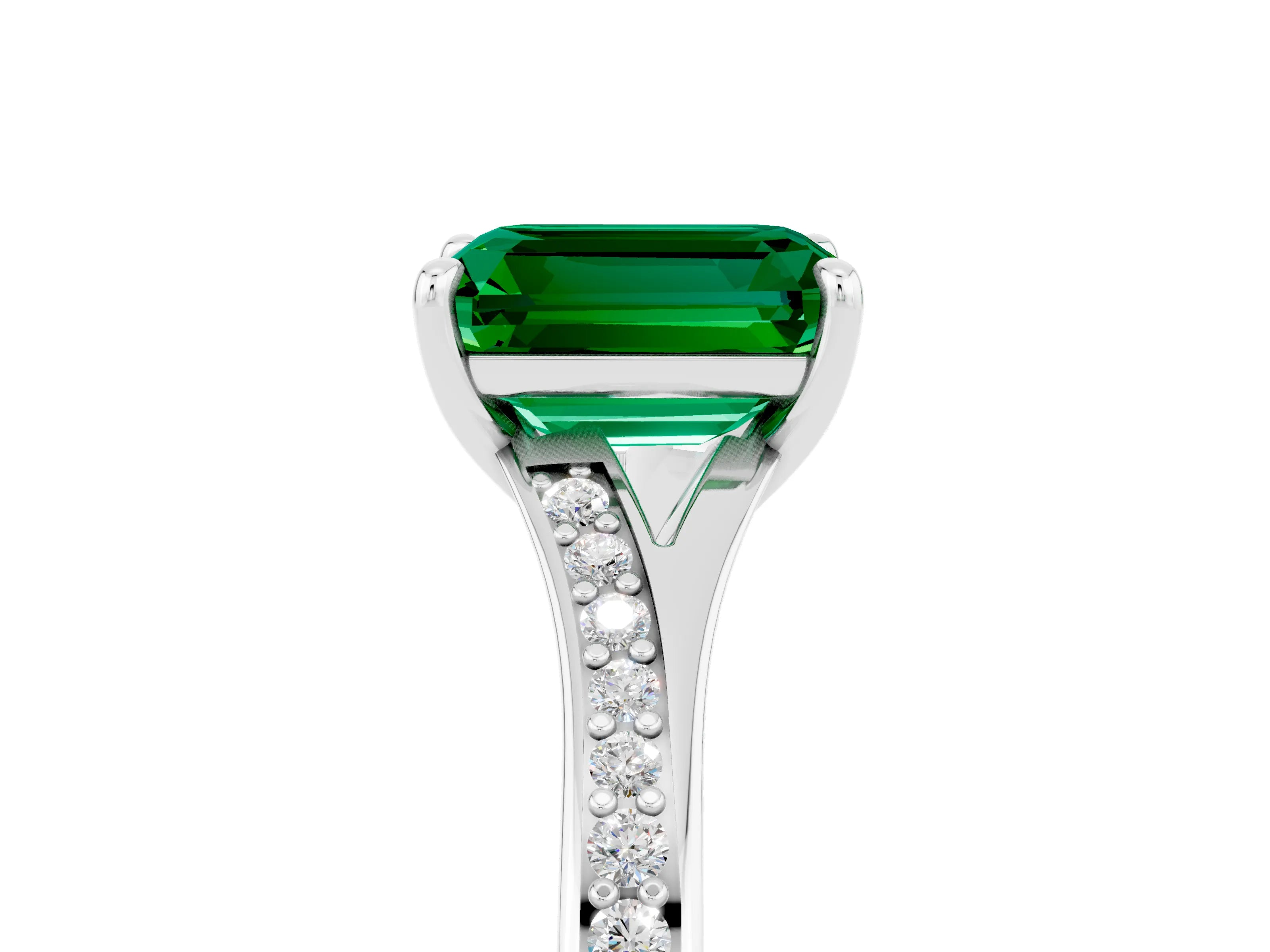 White gold Emerald Cut Emerald Solitaire Ring with Pavé Band and Prong Setting_5