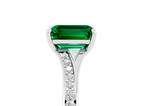 White gold Emerald Cut Emerald Solitaire Ring with Pavé Band and Prong Setting_5