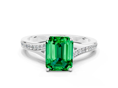 White gold Emerald Cut Emerald Solitaire Ring with Pavé Band and Prong Setting