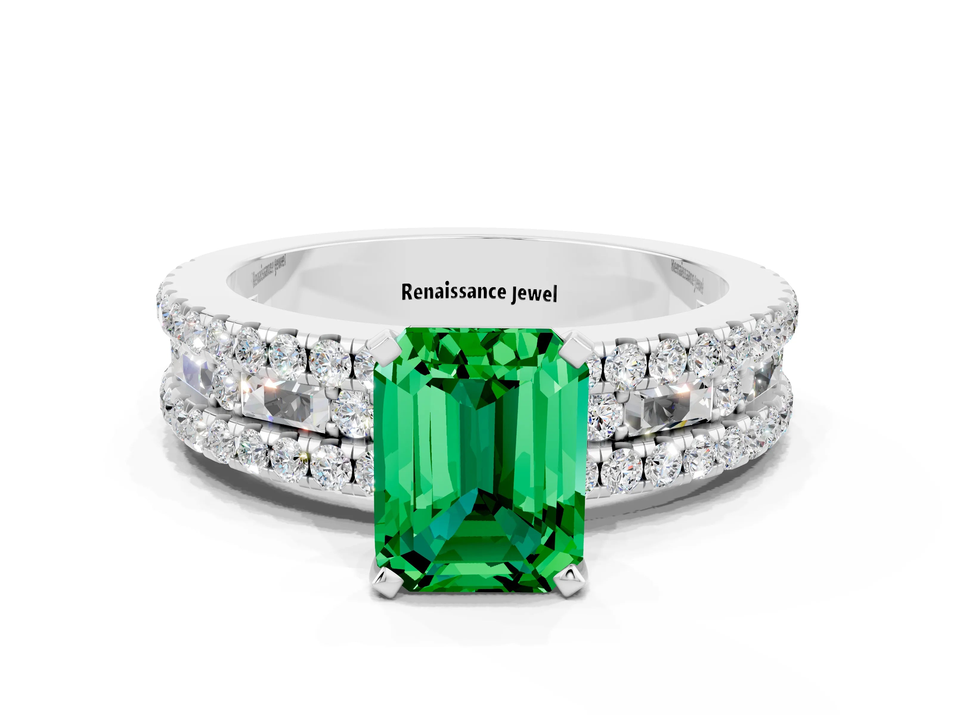 White gold Emerald Cut Emerald Solitaire Ring with Pavé and Channel Set Band