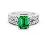 White gold Emerald Cut Emerald Solitaire Ring with Pavé and Channel Set Band