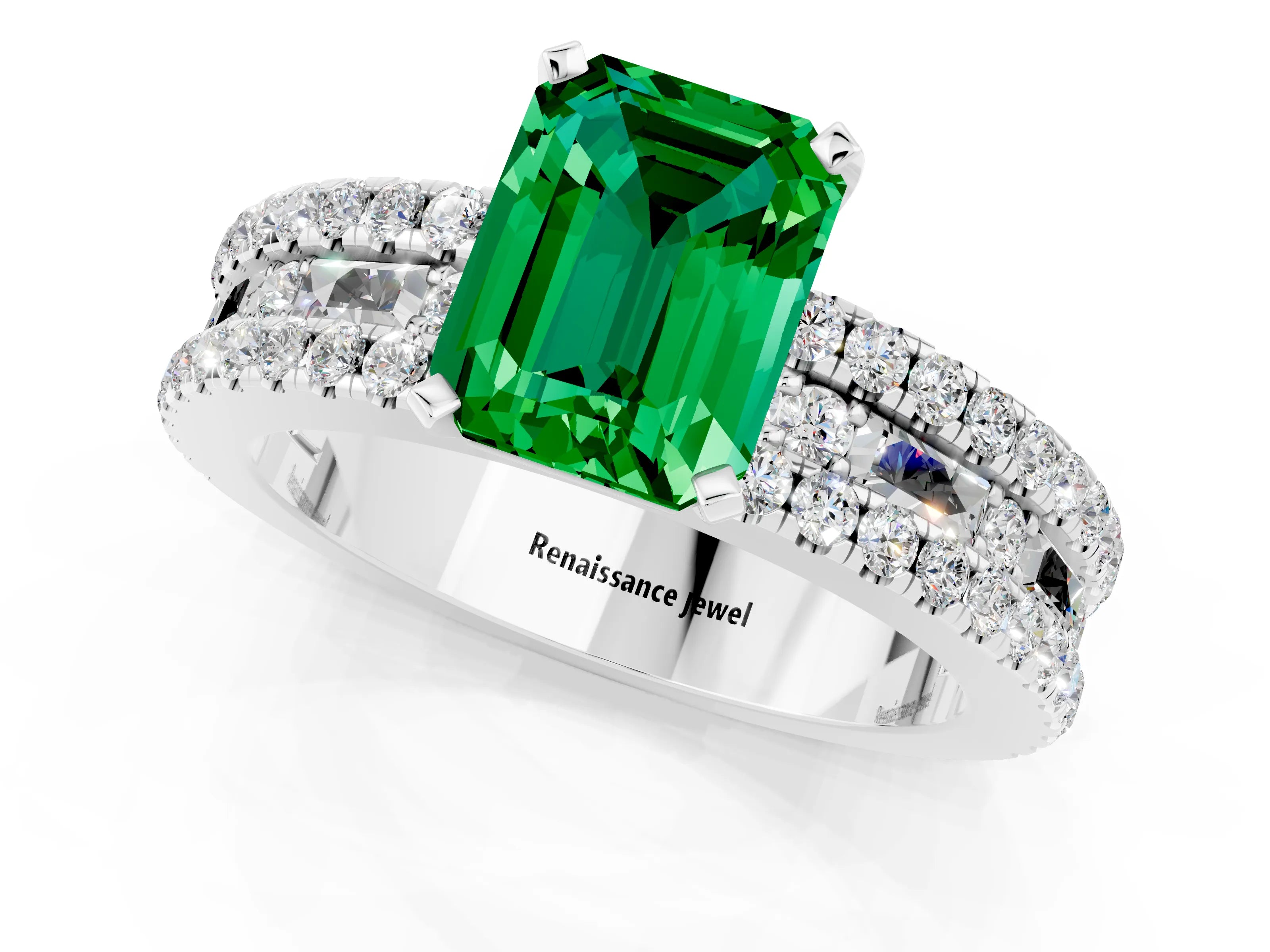 White gold Emerald Cut Emerald Solitaire Ring with Pavé and Channel Set Band_1