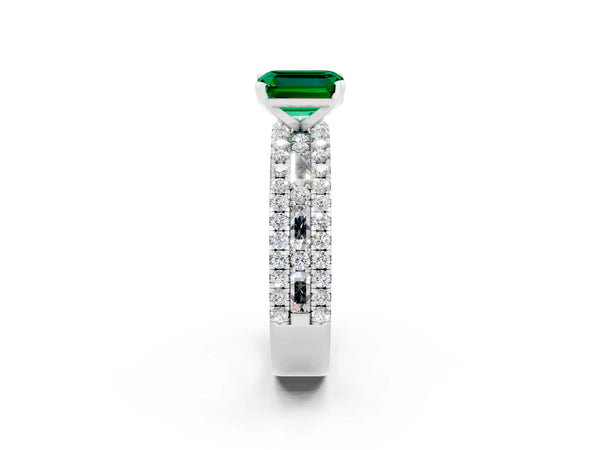 White gold Emerald Cut Emerald Solitaire Ring with Pavé and Channel Set Band