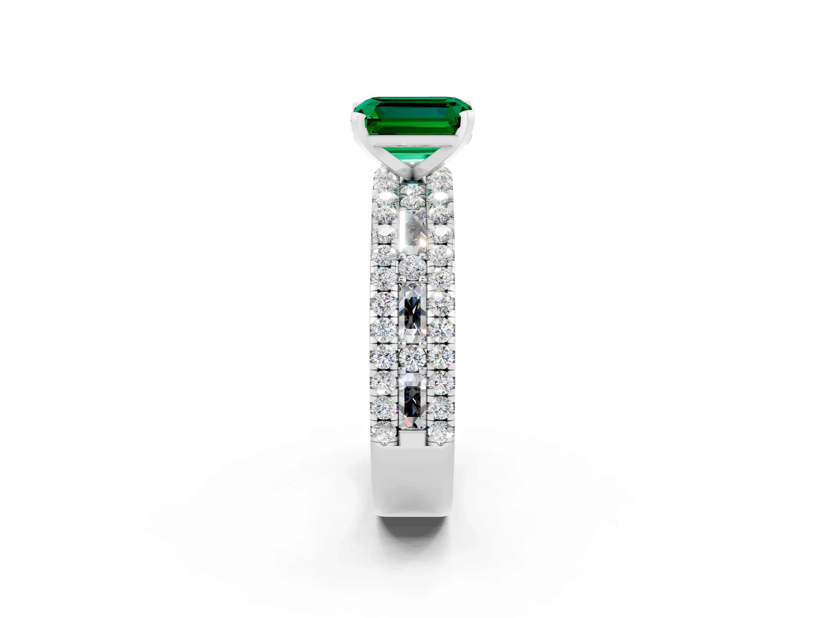 White gold Emerald Cut Emerald Solitaire Ring with Pavé and Channel Set Band_2