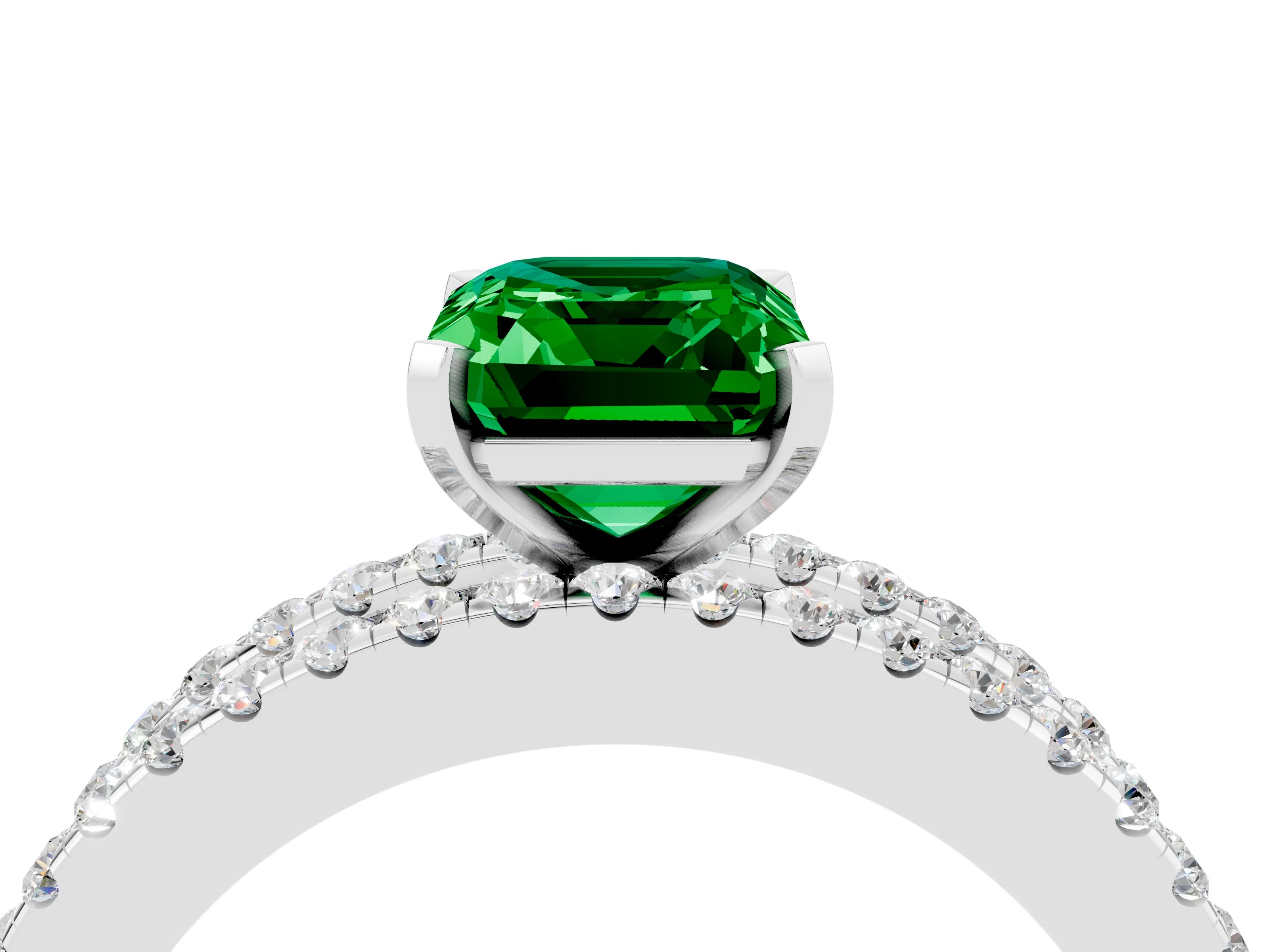 White gold Emerald Cut Emerald Solitaire Ring with Pavé and Channel Set Band_4