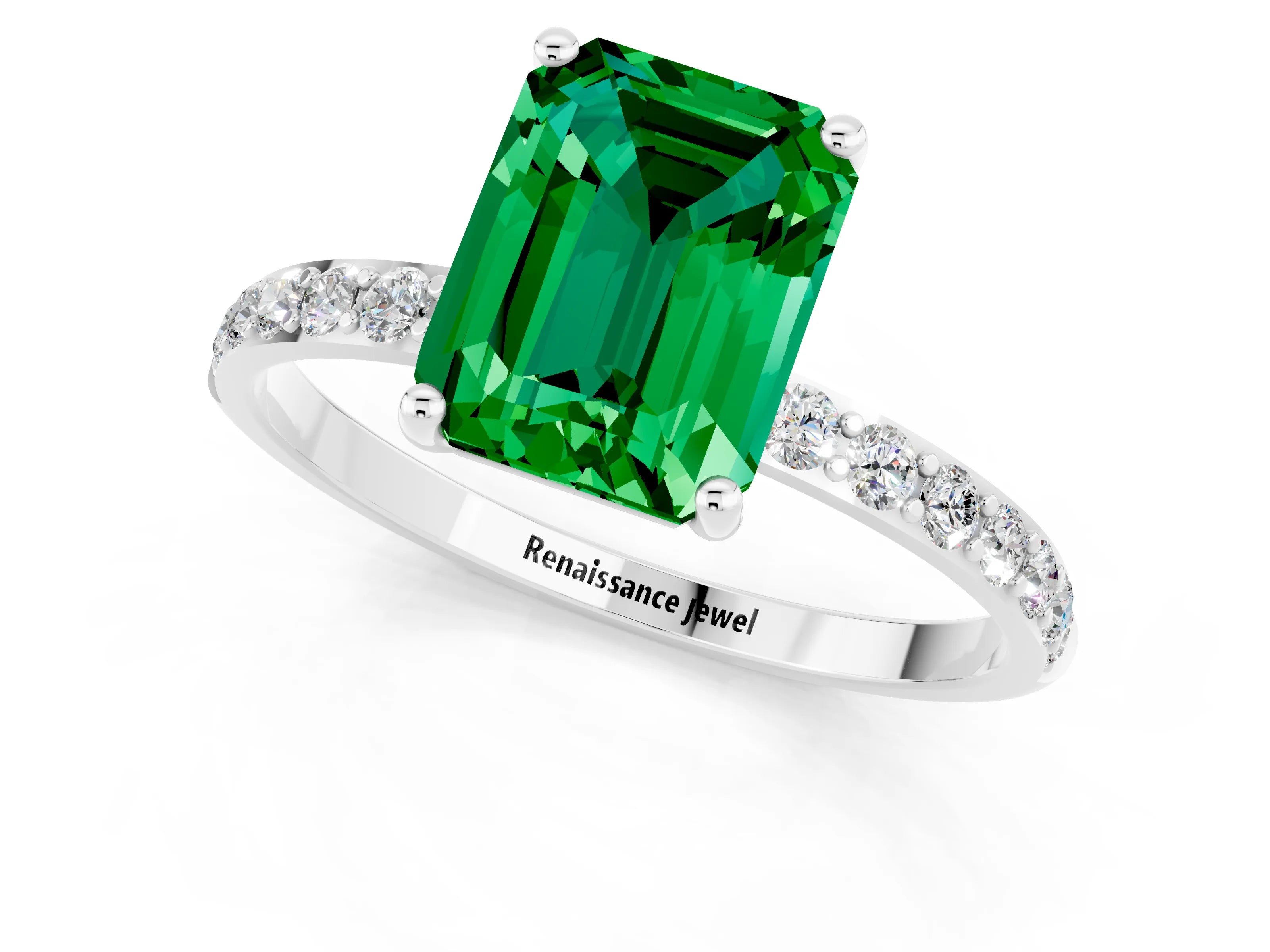 White gold Emerald Cut Emerald Solitaire Ring with Pave Band and Four Prong Setting_25