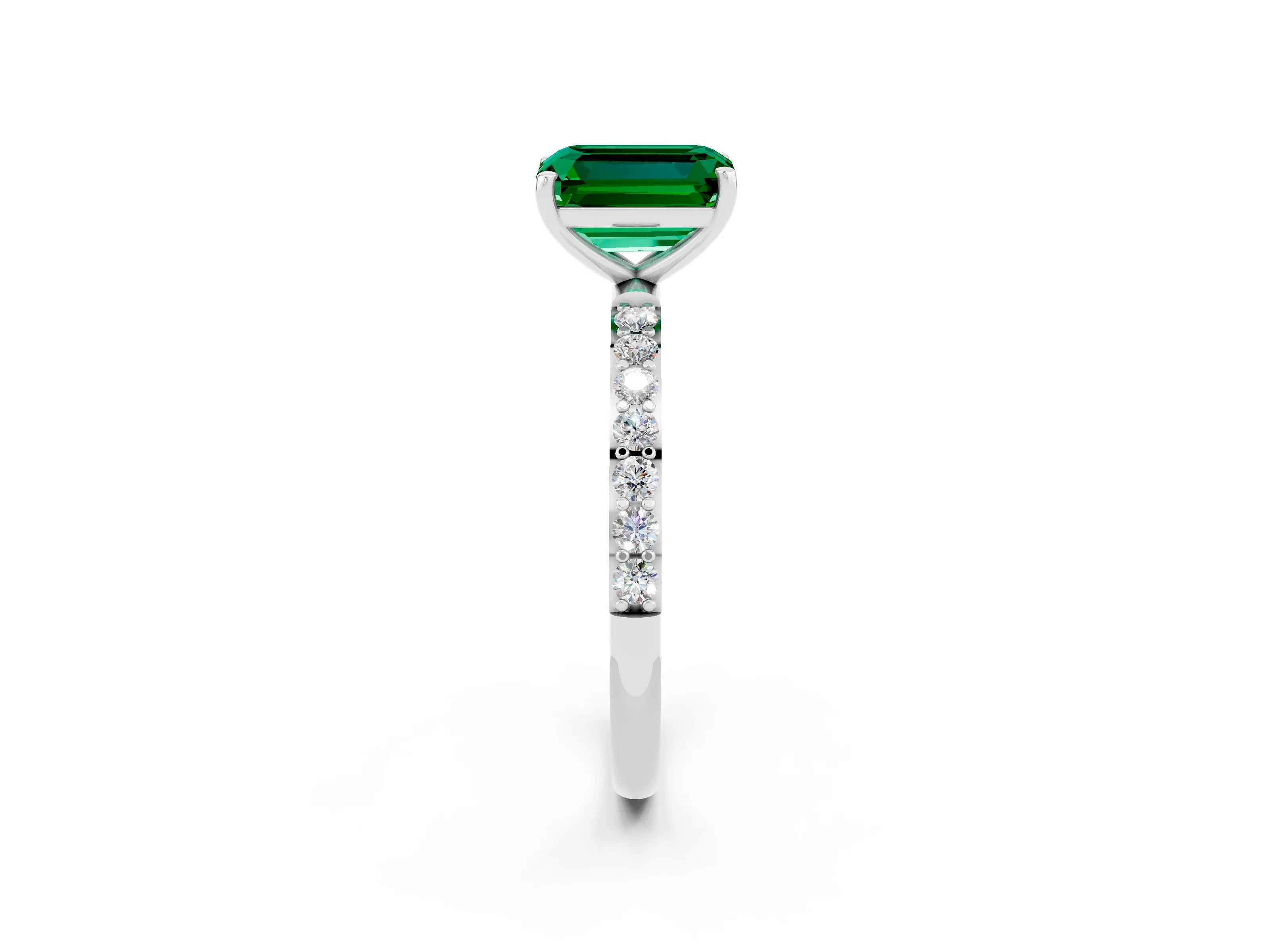 White gold Emerald Cut Emerald Solitaire Ring with Pave Band and Four Prong Setting_26