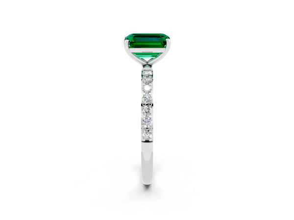 Silver Emerald Cut Emerald Solitaire Ring with Round  Pavé Band and Prong Setting