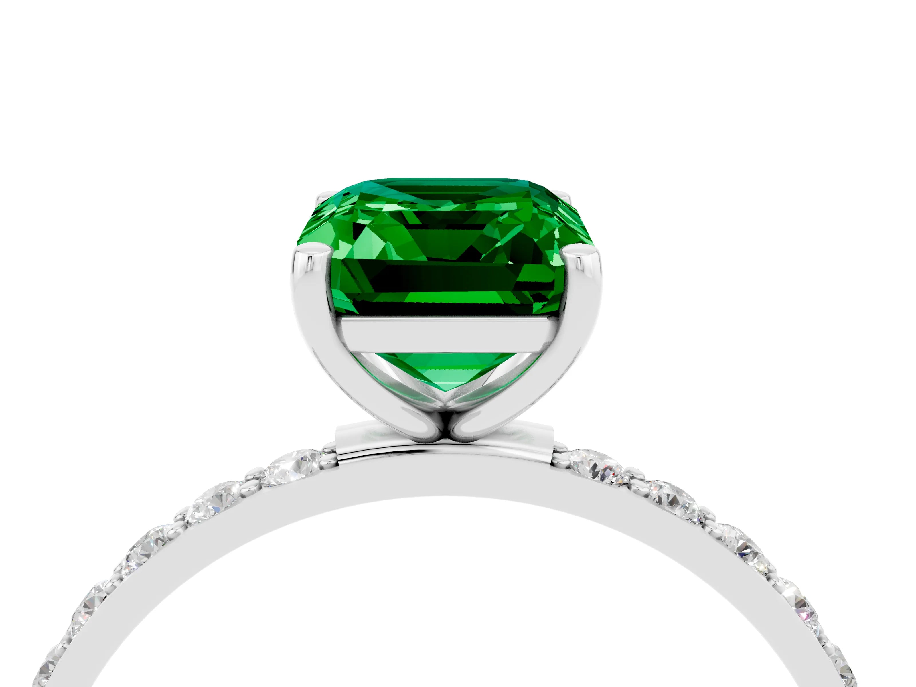 White gold Emerald Cut Emerald Solitaire Ring with Pave Band and Four Prong Setting_28
